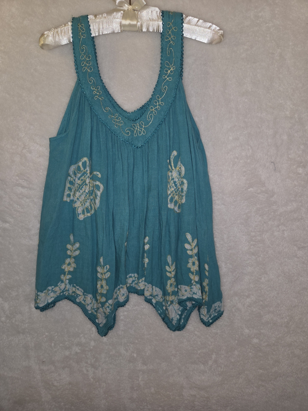 Whimsy Teal Tie Dye Floral Embroidered Festival Sleeveless Top Scalloped Hem